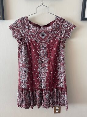 Anthropologie Maroon Mini Dress with White Embroidery